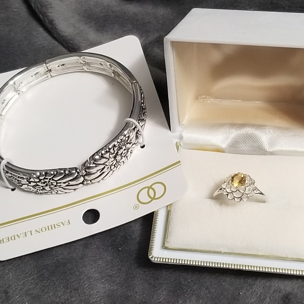 2 Pc Silver Flower Bracelet & Citrine Ring Bundle